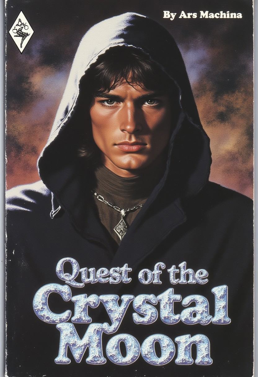 ArsMovieStill,  80s Fantasy Movie Still,  The image is a book cover of a young man wearing a black hooded cloak with a hoo...
