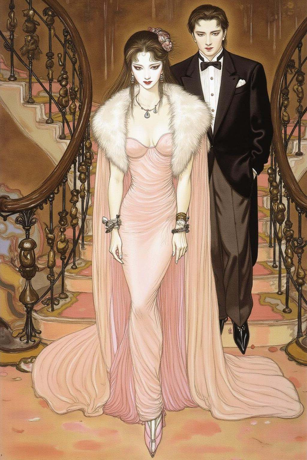 amayo illustration.A sophisticated woman and man in an opulent,  ornate setting,  standing on a staircase. The woman on Te...