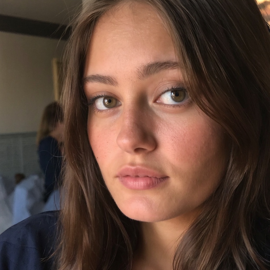 A portrait of ella_purnell with striking blue eyes and long,  straight brown hair. She is captured in a side profile,  loo...