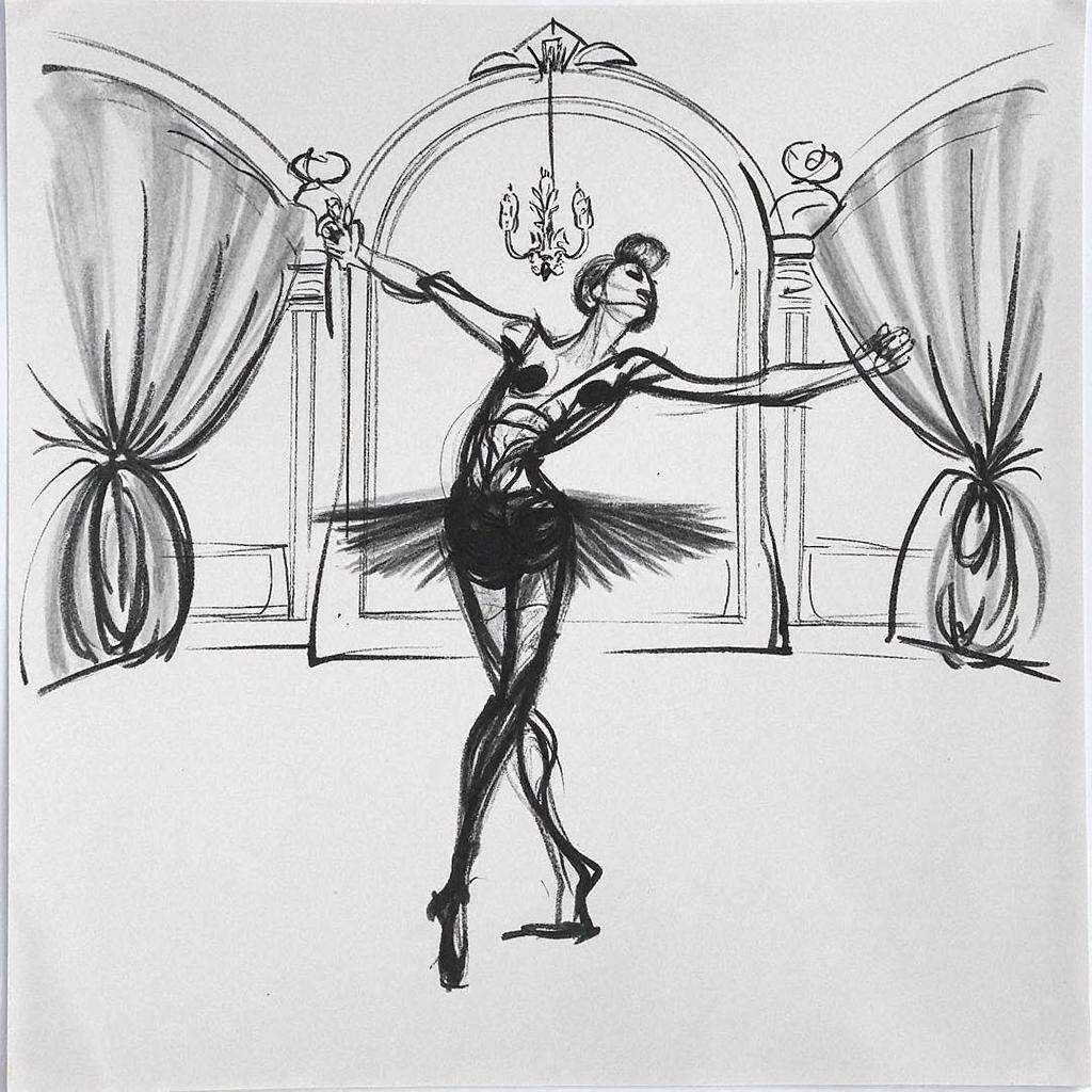 gstdrw A loose,  expressive charcoal gesture drawing capturing a ballet dancer in the midst of a dramatic pirouette within...