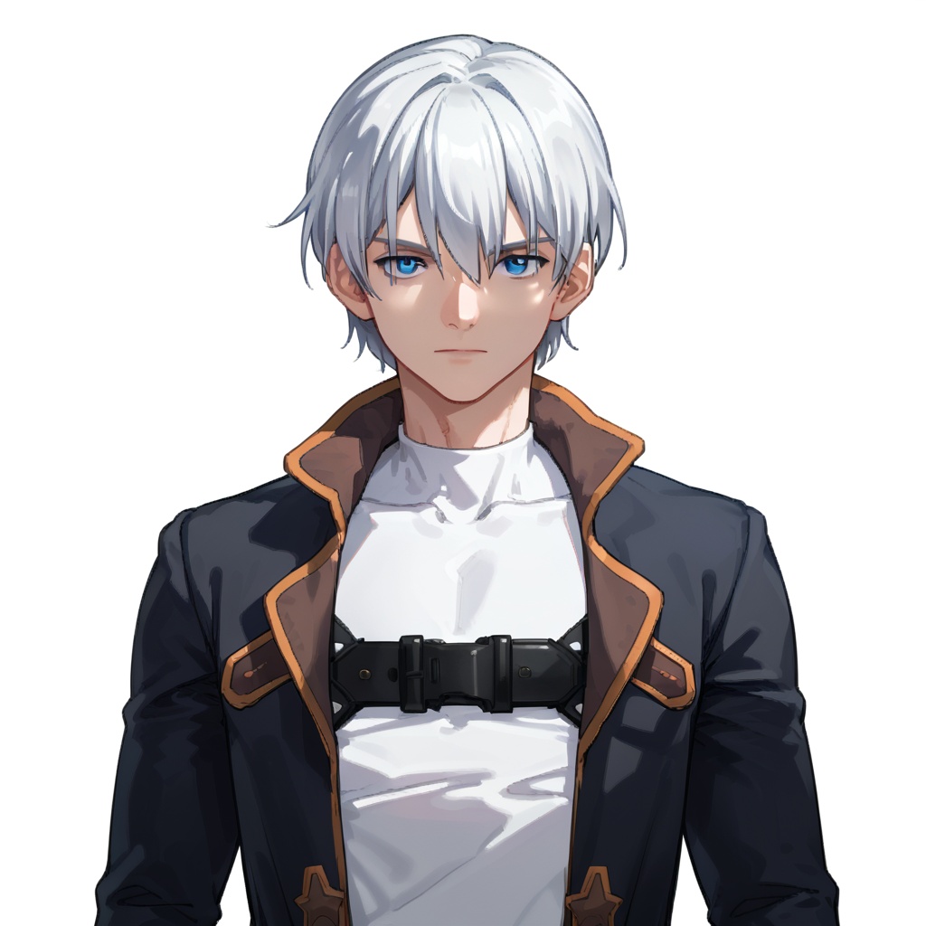 (white background:1.2),looking at viewer,(SOLO:1.4),outline,simple background,upper body, cowboy shot,looking at viewer,(((arms at side))),  kevin, 1boy, male focus, blue eyes, white hair, silver hair, bangs, hair between eyes, open coat, black coat, long sleeves, shirt, jacket, belt, gloves<lora:kevin-mangaver-pony:0.8>