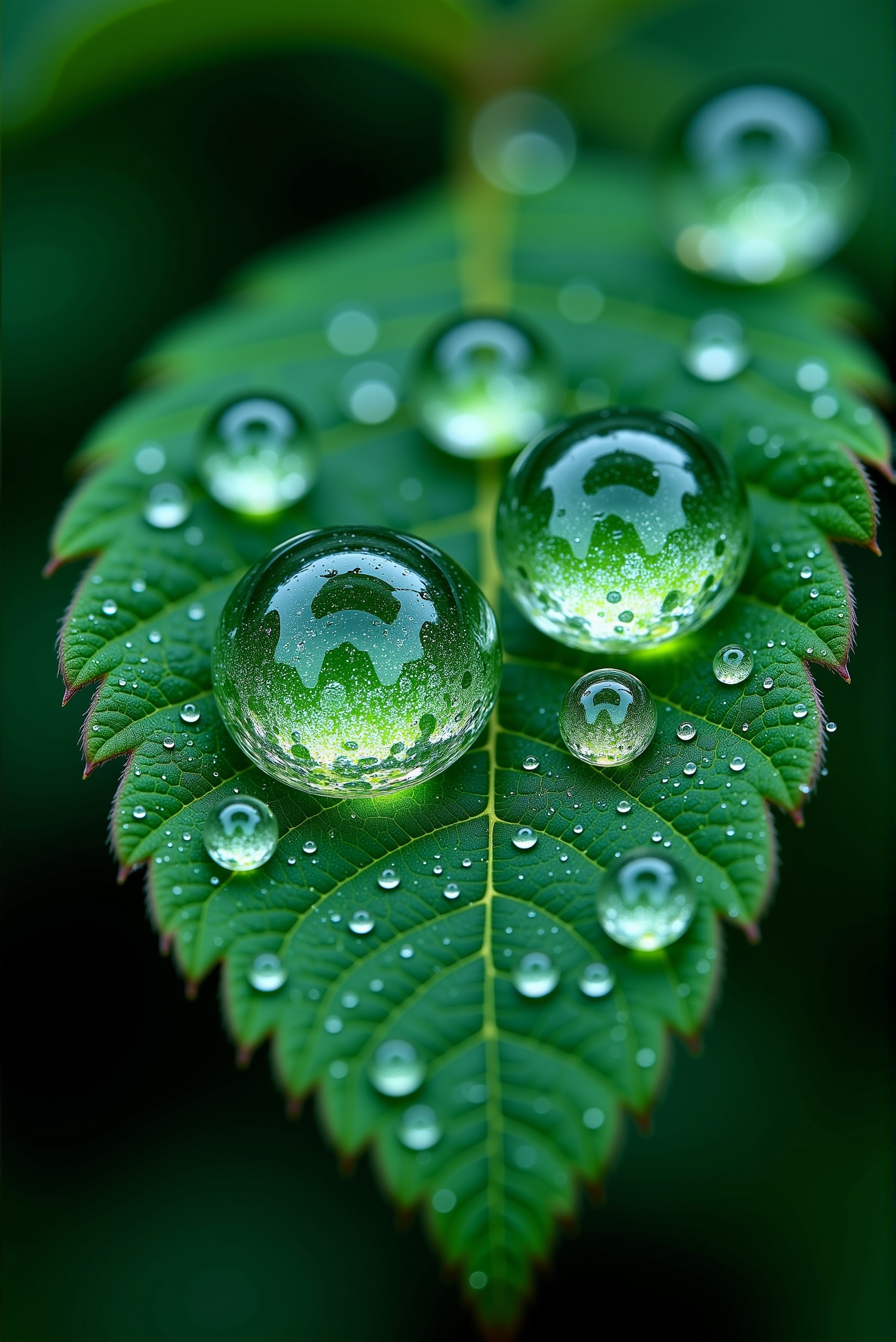 ShinyDroplets style. A delicately lit close-up of a green leaf adorned with crystal-clear droplets,  each refracting soft...