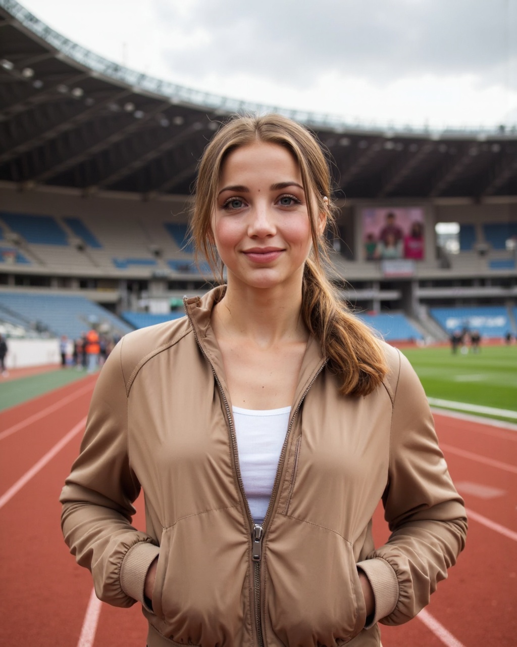 emily_rudd standing on an outdoor track,  likely at a sports stadium. She has long,  straight on Tensor.Art