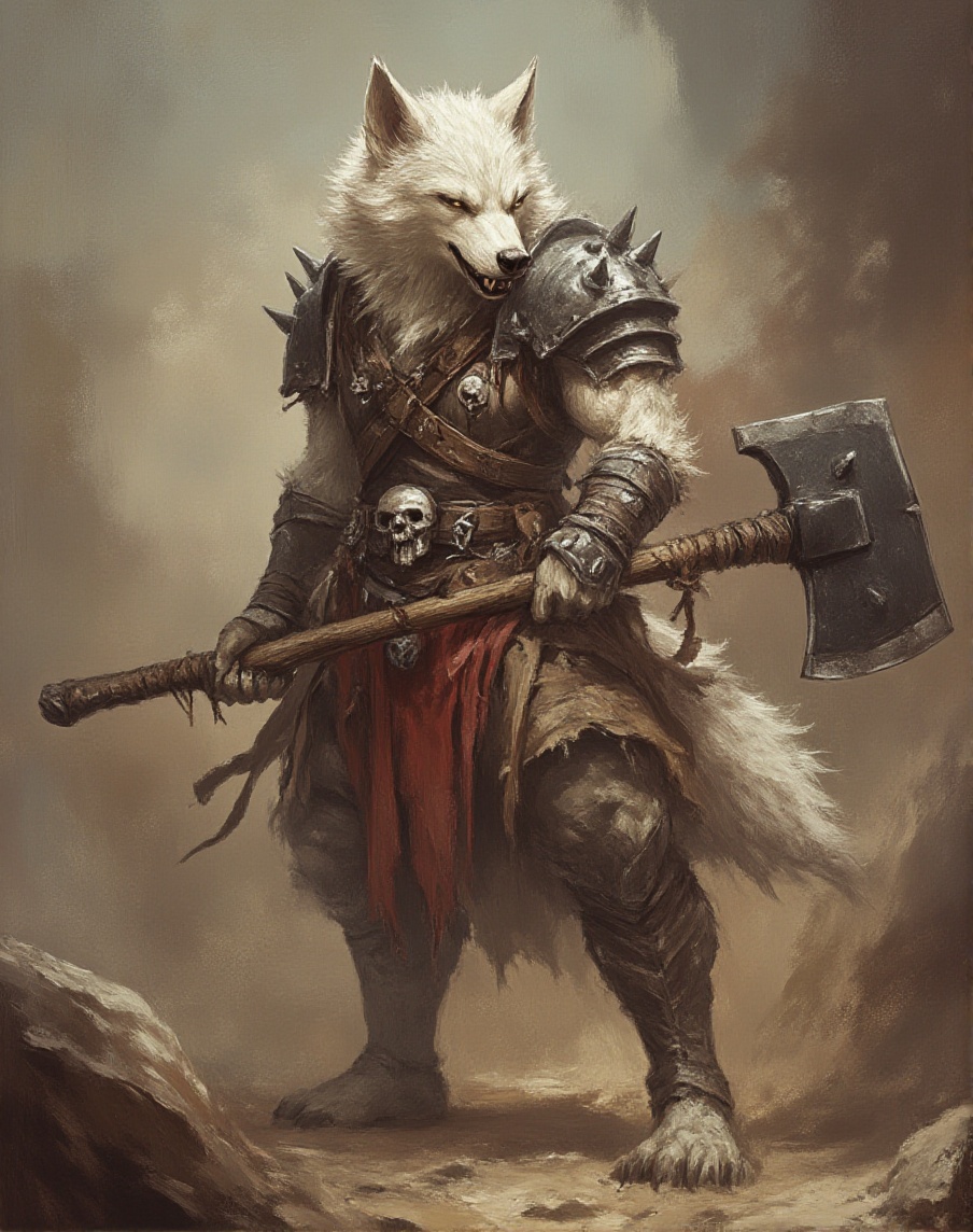 anthr0dnd,  This image is a detailed digital painting in a fantasy style,  depicting a female anthropomorphic wolf warrior...