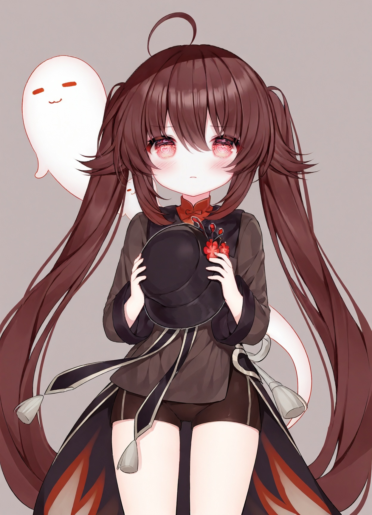 masterpiece, best_quality,high_quality,guo jiang mullay, loli,heart-shaped eyes,1girl, hu tao \(genshin impact\), twintails, hat, unworn headwear, brown hair, shorts, holding hat, unworn hat, boo tao \(genshin impact\), holding clothes, symbol-shaped pupils, red eyes, flower, long hair, ghost, black shorts, looking at viewer, long sleeves, simple background, solo, holding, short shorts, flower-shaped pupils, ahoge, very long hair, black headwear, shirt, blush, hair between eyes, grey background, closed mouth<lora:guo_jiang-R2-lokr-f4:0.85>