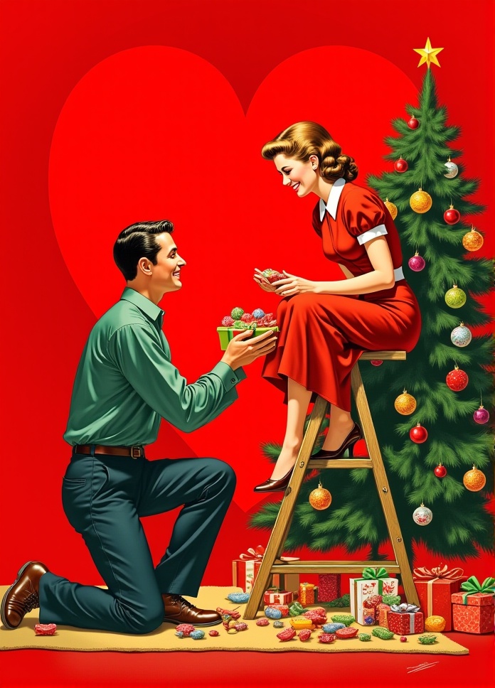 X-1950s,  Illustrate a vintage-style Christmas advertisement with a 1950s aesthetic. Depict a man kneeling and offering a...
