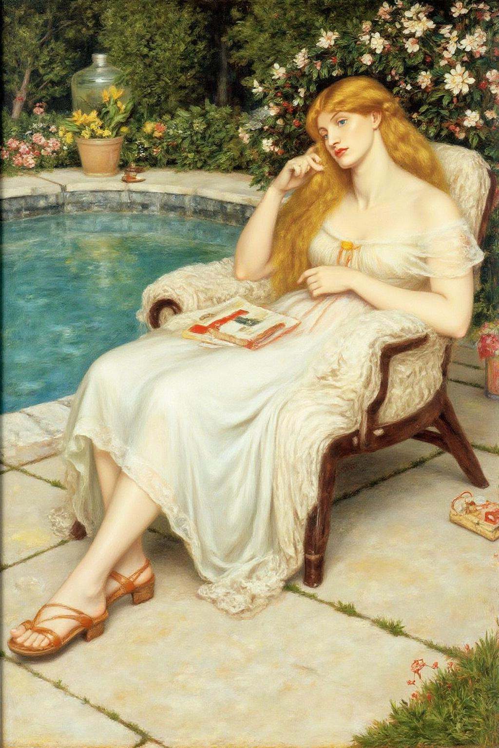 dgr painting.A blonde woman relaxing on a lawn chair beside a swimming pool. on Tensor.Art