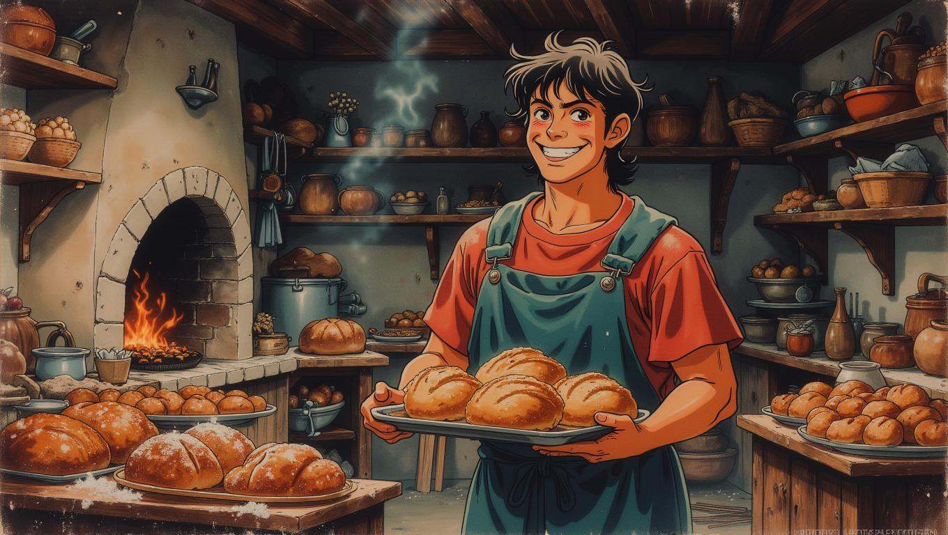 A jovial medieval baker,  with flour-dusted hands and a warm smile,  pulls a tray of freshly baked bread from a large on T...
