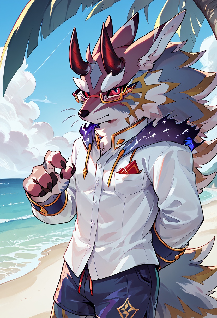 score_9, score_8_up, score_7_up, high quality, hires, solo, bael, housamo, tokyo afterschool summoners, furry, red sclera, shorts, glasses, shy, looking at viewer, beach, <lora:Bael_TAS_Housamo:1>, <lora:add-detail-xl:2>