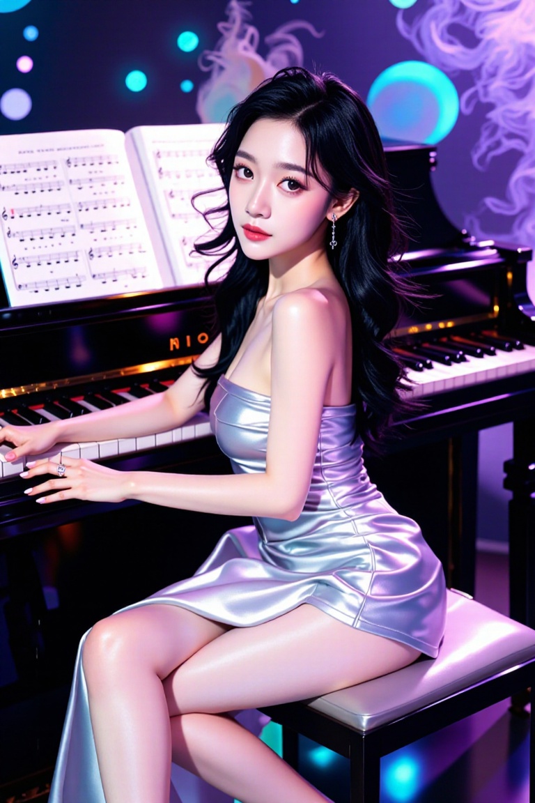 photograph,1girl,solo,silver clothing,long hair,looking at viewer,black hair,dress,bare shoulders,jewelry,sitting,pantyhose,earrings,nail polish,white dress,high heels,lips,strapless,ring,instrument,strapless dress,realistic,nose,music,playing instrument,piano,sheet music,<lora:models/2540/938edb05-03.safetensors:1:1>
