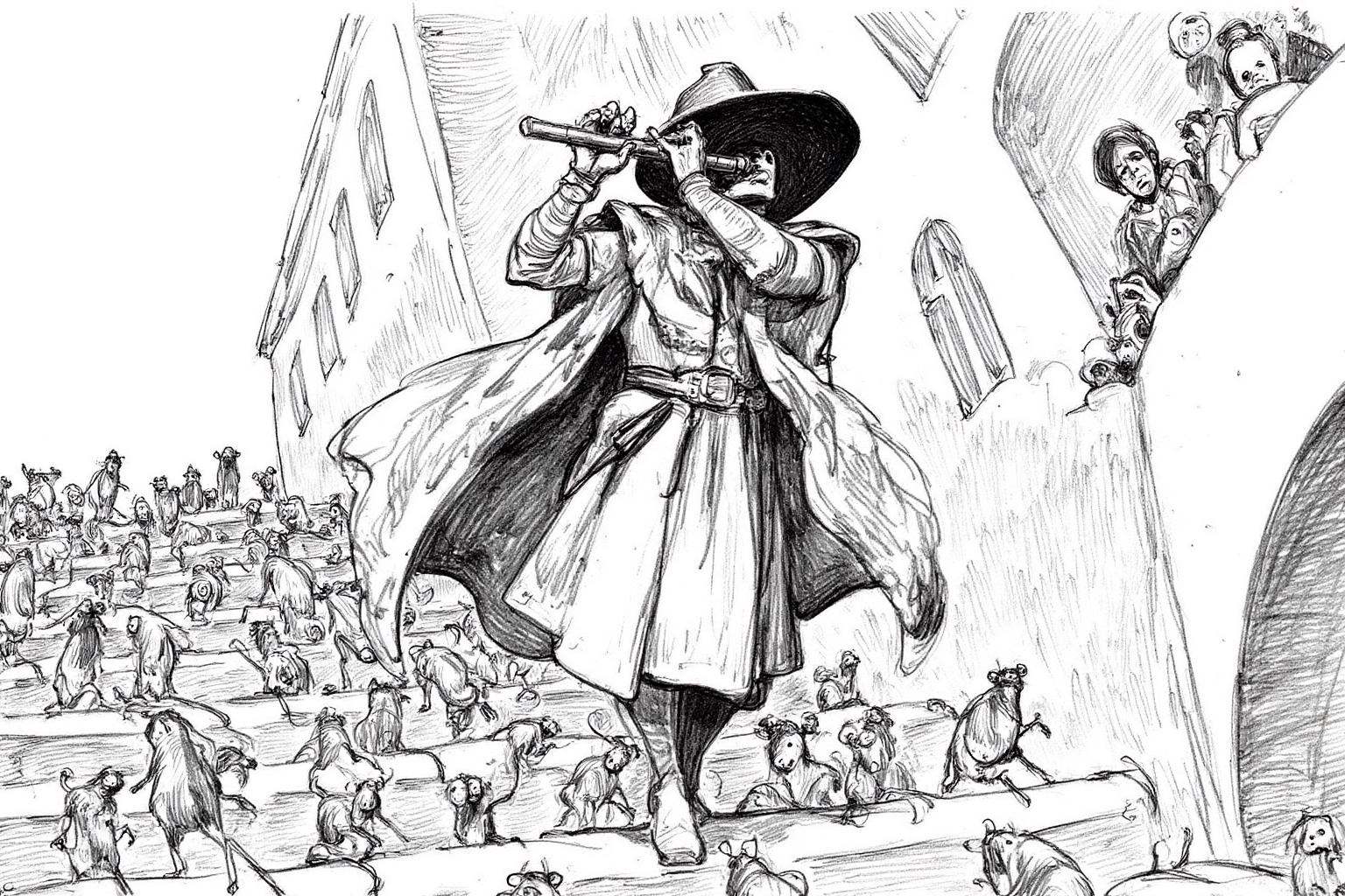 pencil sketch. The Pied Piper of Hamelin,  a man in medieval-style clothing,  wide-brimmed hat on Tensor.Art