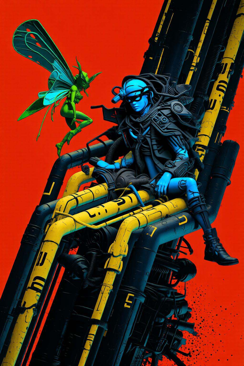 pascalblanche2q illustration. In a vivid red background,  a man in a dark,  intricate suit with glowing blue accents sits...