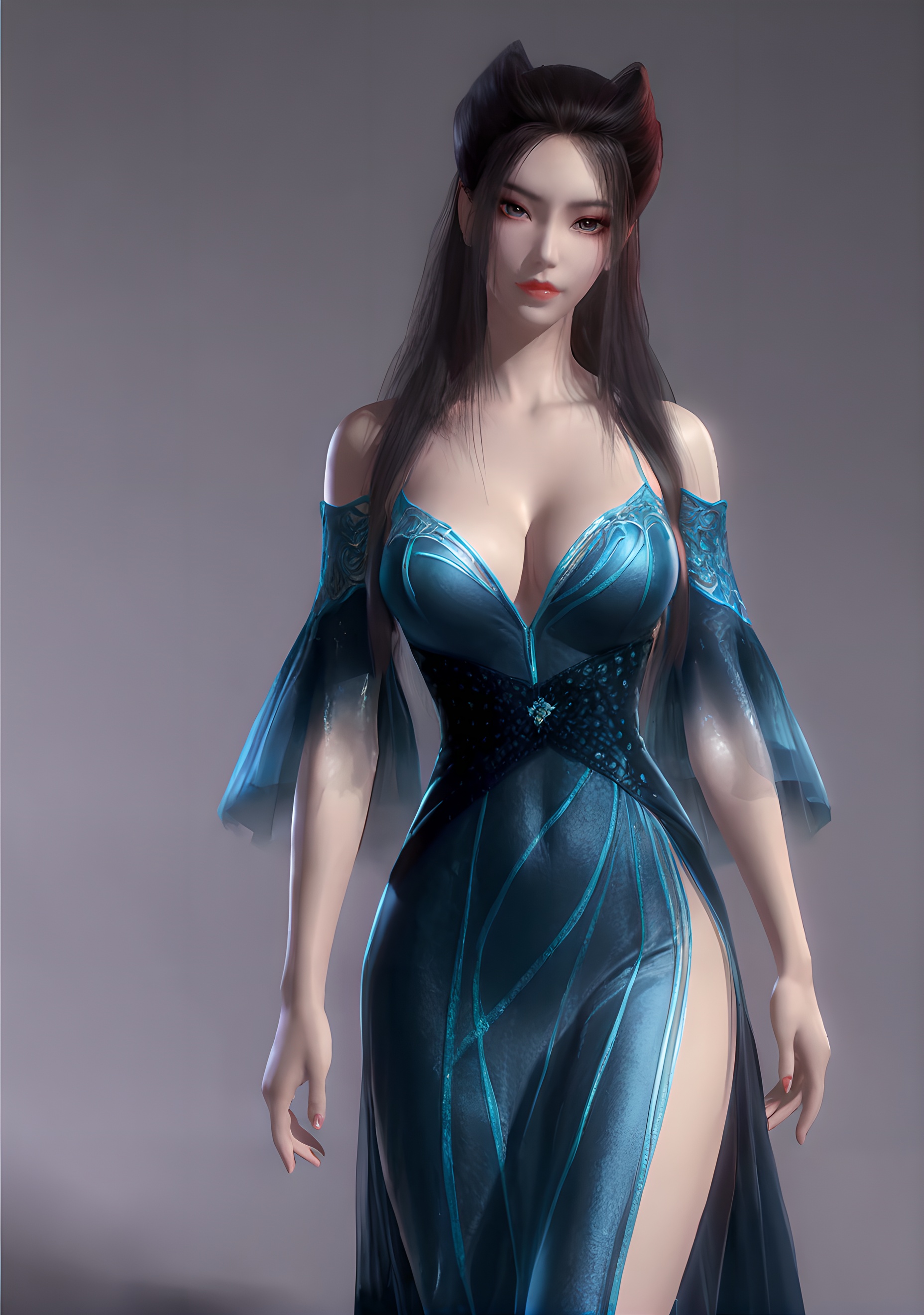 score_9,score_8_up,score_7_up,<lora:SF_YanLingJiBlueCothes_Pony-000004:0.7>,1girl,solo,standing,dress,breasts,large breasts,highleg,red lips,jewelry,looking at viewer,white background,