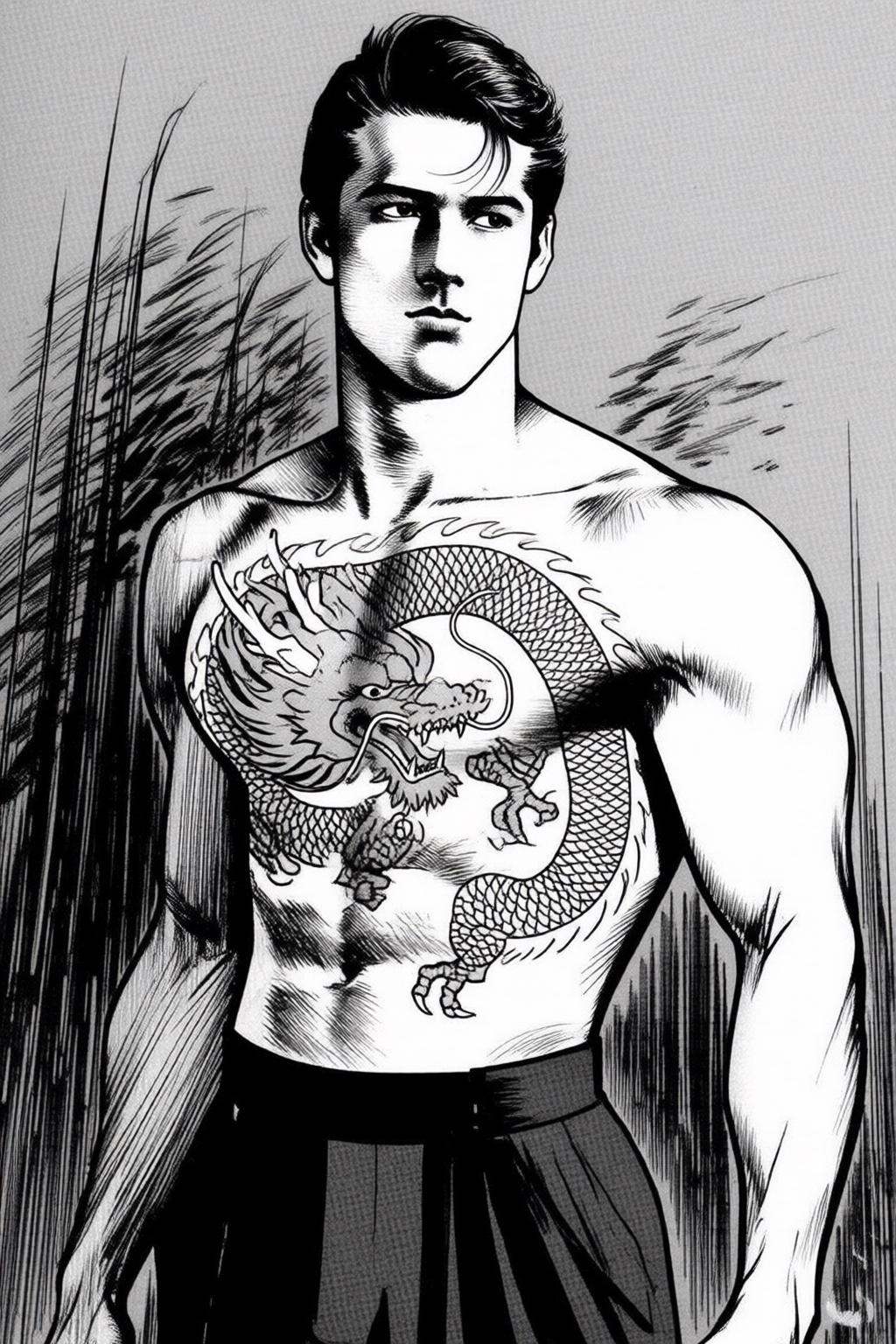 ryoichiikegami2q illustration. Black and white drawing.The subject is a man with short,  dark hair and a strong,  athletic...