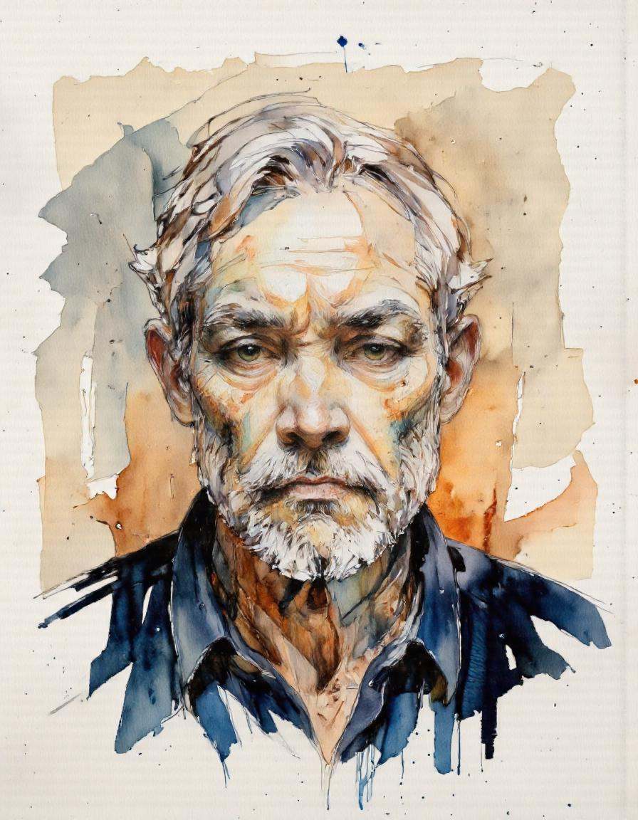 A watercolor painting portrait of an elderly man with a white beard and mustache. He has a serious expression on his face...