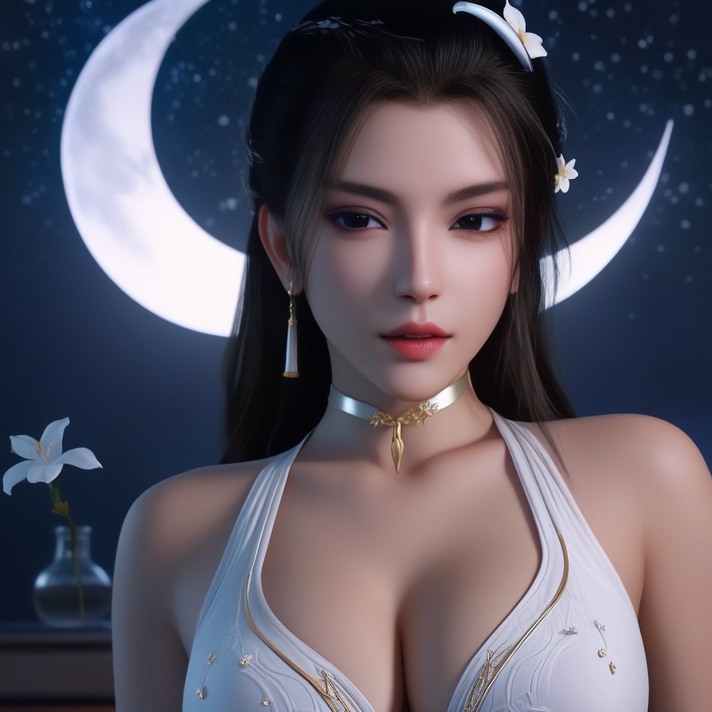 <lora:832-DA-XL-少年白马醉春风-晏琉璃-白衣:0.8>, (,1girl, ,best quality, ),,  ,,ultra realistic 8k cg, ,masterpiece, (( , )),, realistic,science fiction,mole, ,     ,crescent moon, jasmine \(flower\),     (cleavage),,  (),