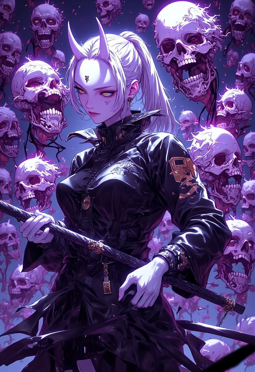 curved horns protruding from her forehead,  depicts a futuristic,  The image is a digital illustration with a vibrant on T...