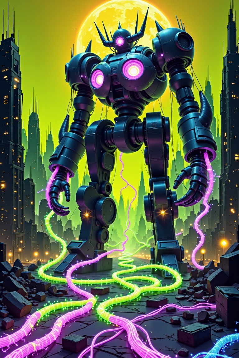 neon_cable,  A cinematic shot frames the ravaged landscape,  with a sickly yellow haze hanging low in the air. A colossal...