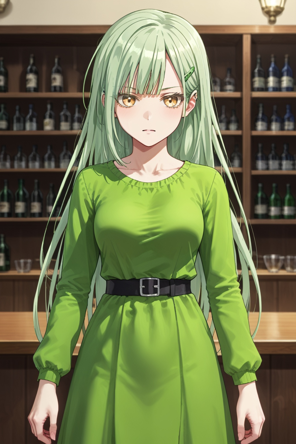 muzumi, 1girl, long hair, green hair, bangs, yellow eyes, hair ornament,hairclip,<lora:muzumi-pony:0.8>