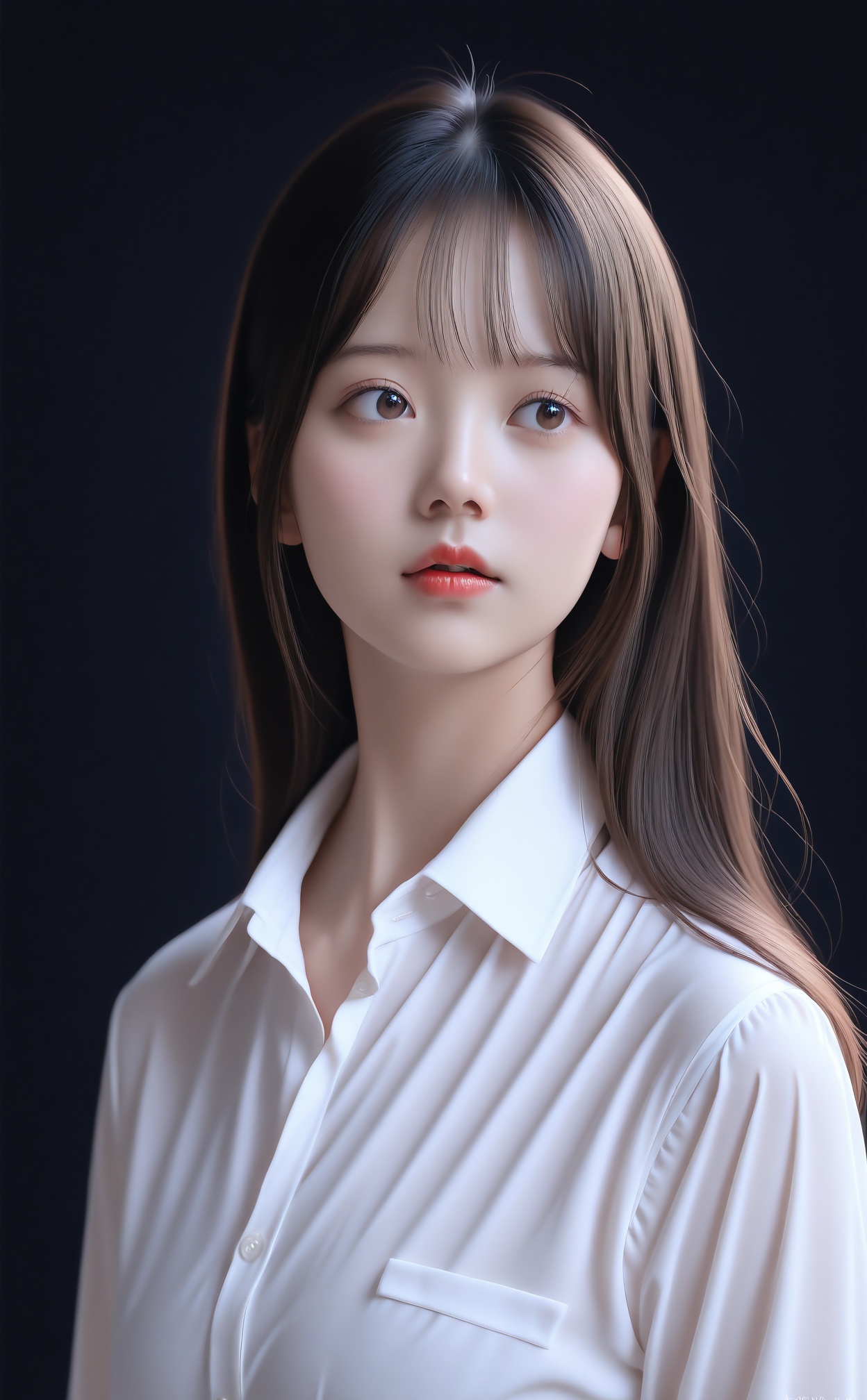 masterpiece,best quality,high quality,1girl,solo,shirt,long hair,black hair,realistic,white shirt,brown eyes,parted lips,collared shirt,upper body,photorealistic,asian,lips,blurry,blurry background,nose,looking afar,long sleeves,black eyes,wing collar,dress shirt,signature,brown hair,looking ahead,night,k-pop,artist name,red lips,dated,partially unbuttoned,light,depth of field,unbuttoned,dark background,expressionless,buttons,