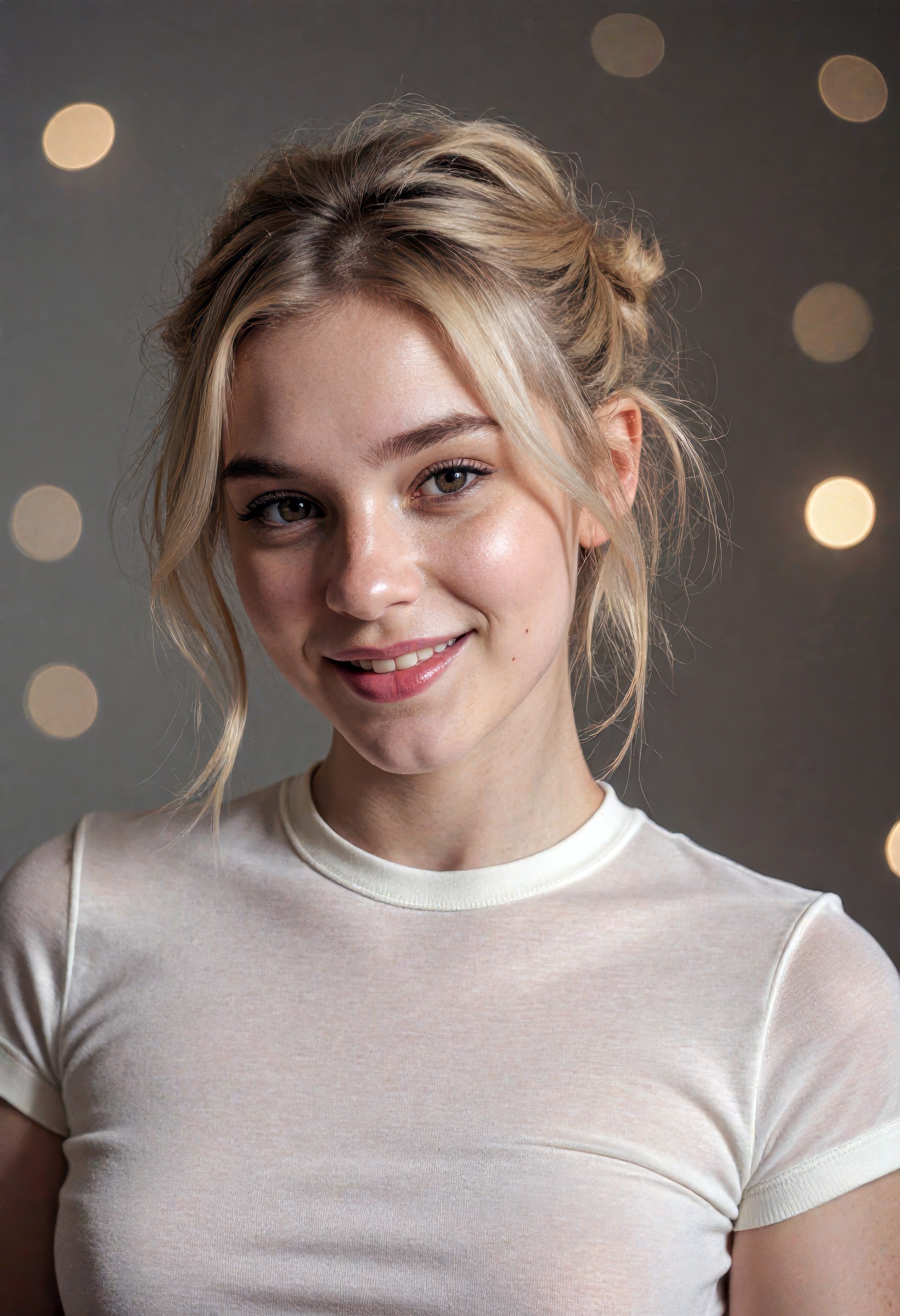 A hyperrealistic,  ultra-detailed fine-art portrait of a stunning 18-year-old woman with fluffy,  tousled blonde hair on T...