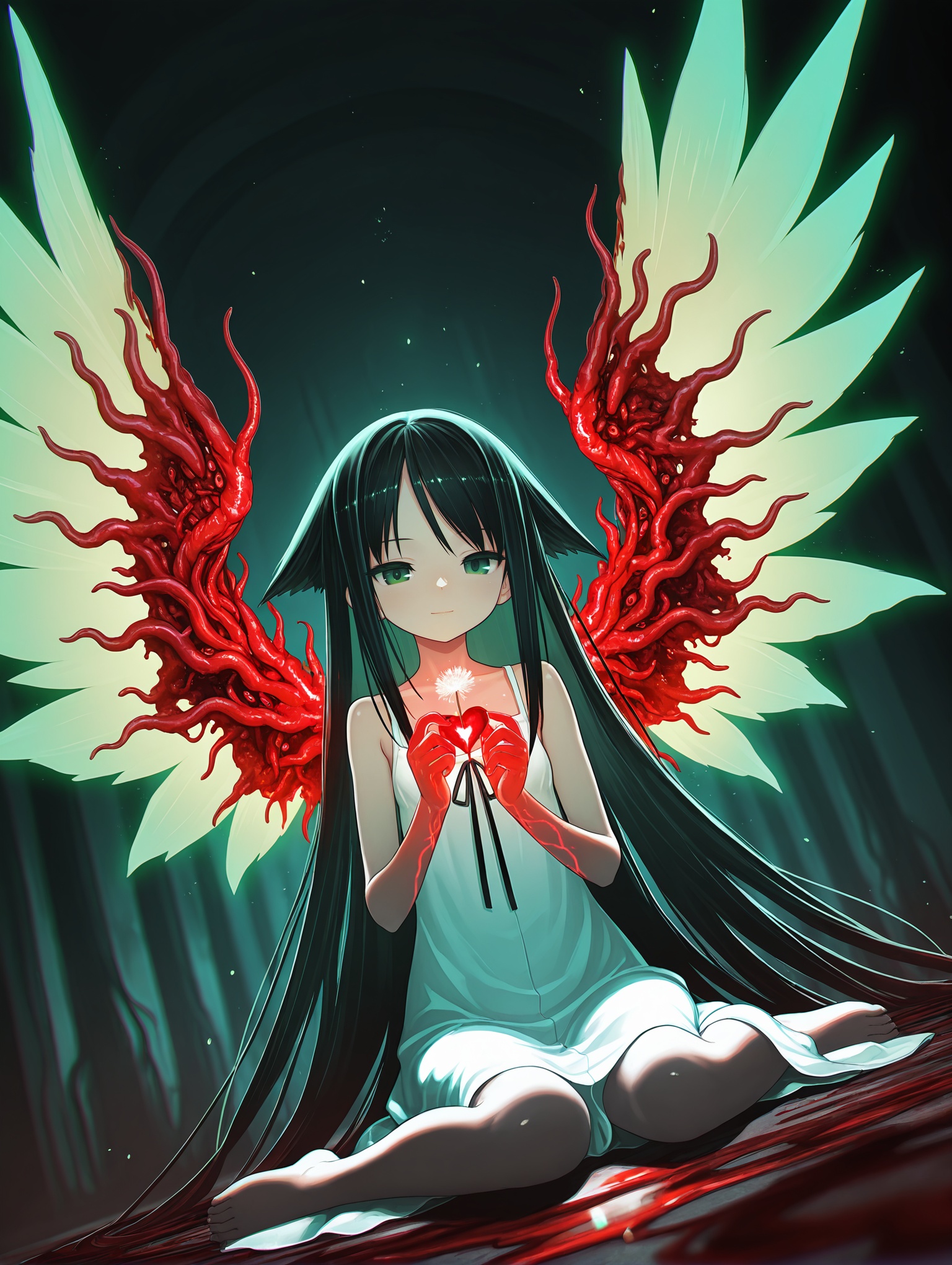 dynamic pose, dynamic angle,glowing wings, looking at viewer, light smile, wariza, flesh wings, holding dandelion, arms up, bloody wings, depth of field,light in heart,  solo ,saya \(saya no uta\) , 1girl , bare shoulders , feet bare shoulders , black hair , black ribbon , blurry , blurry background , collarbone , dress , eldritch abomination ,flesh , green eyes , long hair , profile , ribbon , sleeveless , sleeveless dress , very long hair , white dress  , green theme , red theme ,dark , horror ethereal , melancholic , glowing control panels casting ,soft blue light, dreamy atmosphere surreal ,horrifying , flowing hair gently drifting in an eerie, unsettling atmosphere, vibrant green and red hues blending chaotically, organic and grotesque textures covering the environment, glowing veins pulsing faint light (floating hair:1.1), (chromatic aberration:1.2), (light particles:0.9), (muted colors:1.5), (vibrant colors:0.8), (bright colors:0.7), (glowing sparkles:0.5), (radiant reflections:0.3), (soft light rays:0.7), blood-red mist, glowing green tendrils, dark and oppressive ambiance,cinematic lighting , raytracing , dynamic angle , depth of field , high contrast , colorful , detailed light , light leaks , beautiful detailed glow , best shadow , shiny , intricate details , hyperdetailed , iridescent [artist:yayaziiii] , [artist:tsukushi akihito] , [artist:huke] , [artist:chuuou higashiguchi],masterpiece,best quality,amazing quality, 