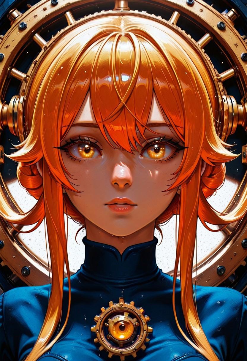 A close-up shot of a red-haired woman's face,  her bright locks tangled with intricately crafted gears and cogs that form...