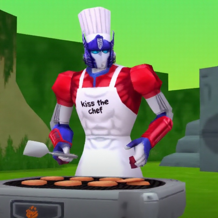 ps1style,  Optimus Prime grilling hamburgers in the park. He is wearing a chefs hat,  and apron on Tensor.Art