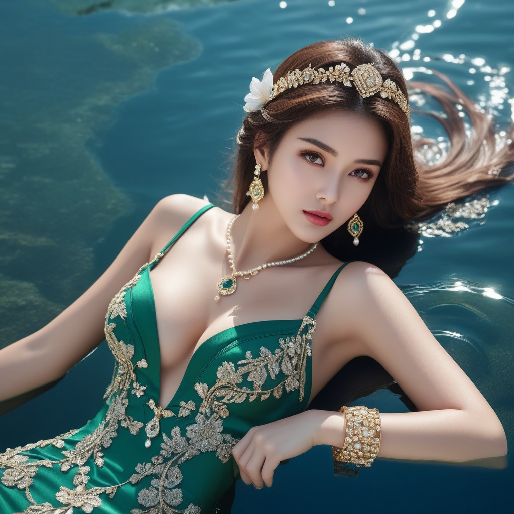 <lora:836-DA-XL-朴正允-绿-B:0.8>, (,1girl, ,best quality, ),,masterpiece, ((((1girl, solo, , ,solo focus, lying on water, )))) (cleavage),,  (), ,ultra realistic 8k cg,   clean, masterpiece,     (( , )),,  , unreal, science fiction, luxury, jewelry, diamond, gold, pearl, gem, sapphire, ruby, emerald, intricate detail, delicate pattern, charming, alluring, seductive, erotic, enchanting, hair ornament, necklace, earrings, bracelet, armlet,halo,(cleavage),, , (),