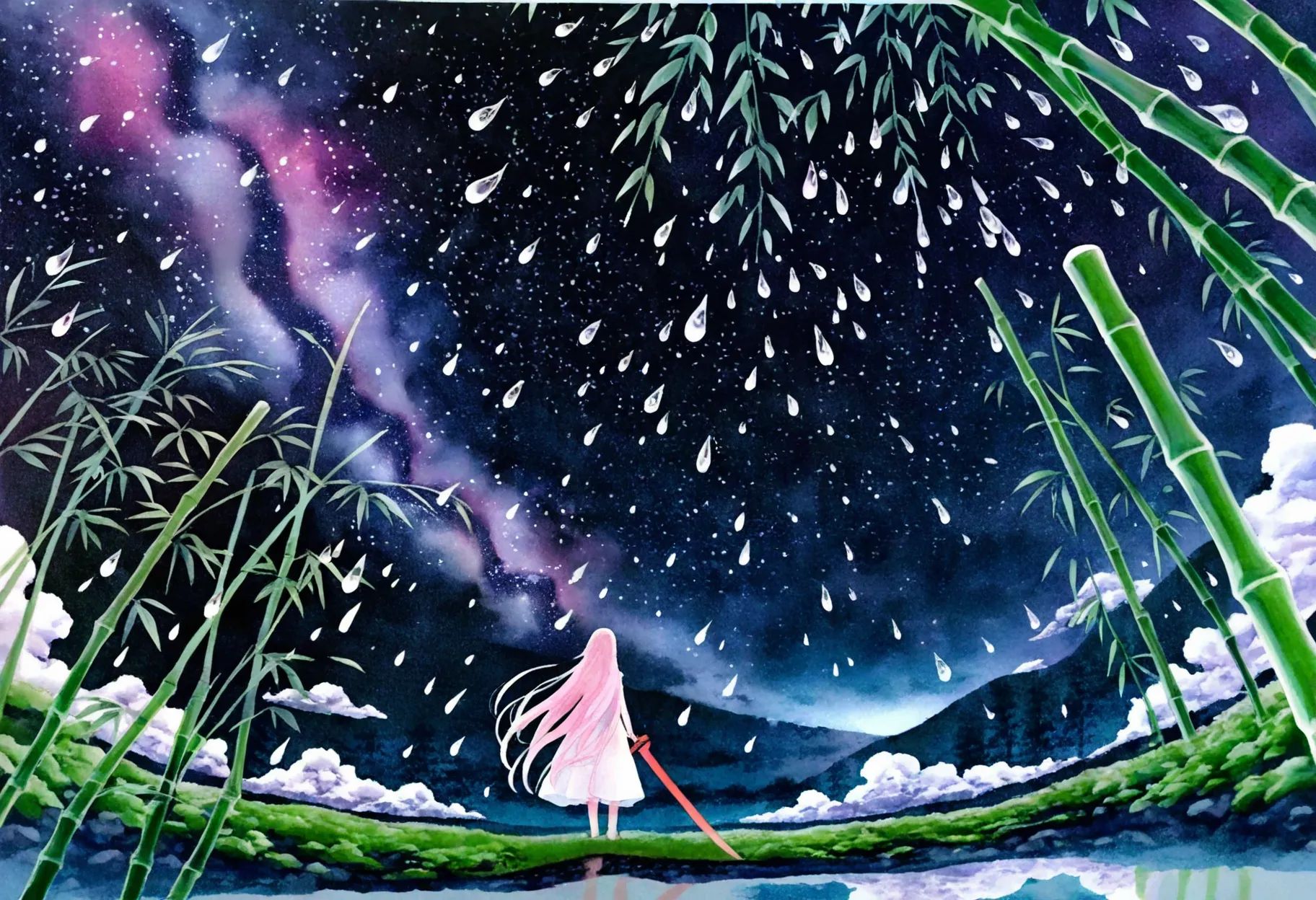 1girl, watercolor, (hiten:0.1), rainy bamboo forest, lush greenery, dark background, horizon, towering bamboo, night sky, holding, scenery, from behind, long hair, pink hair, outdoors, standing, solo, forest path, night, very wide shot, droplets, cloud, weapon, sword, floating, white dress, holding sword, sky, holding weapon, dress, star (sky), reflection, facing away, starry sky, planted,very high colorfulness,'very vibrant colors, high contrast