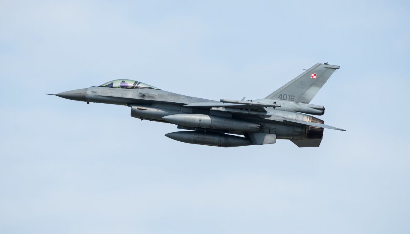polishF16. The image is a high-resolution photograph of a military jet aircraft,  specifically a F-16 Fighting Falcon,  ca...