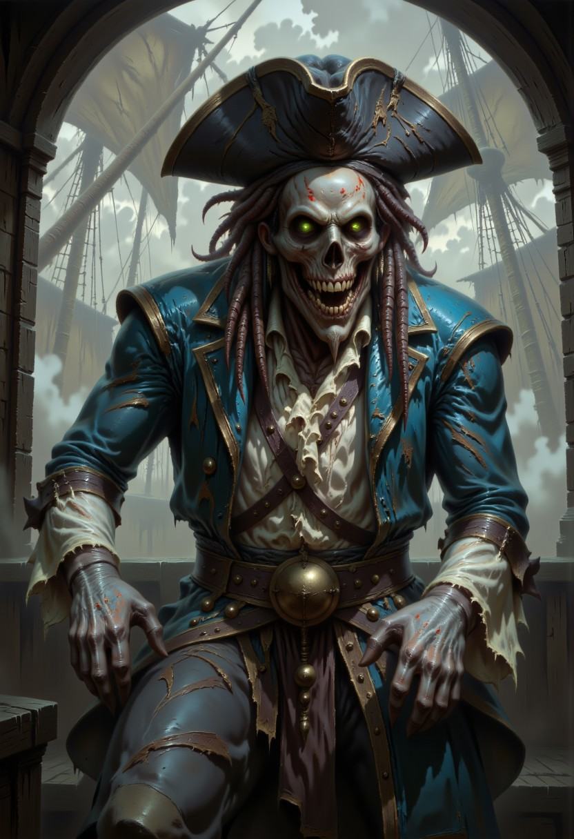 DFOP-V3.0 style dark fantasy oil painting that features a cursed pirate captain with rotting corpse skin aboard a weathere...