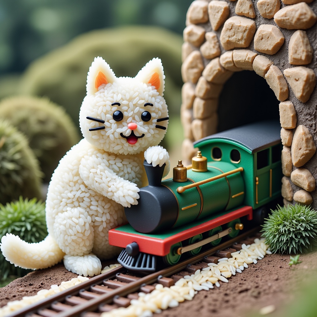 A noc-styr playful cat interacts with a miniature train set in a realistic scene. The tiny train track winds through a det...