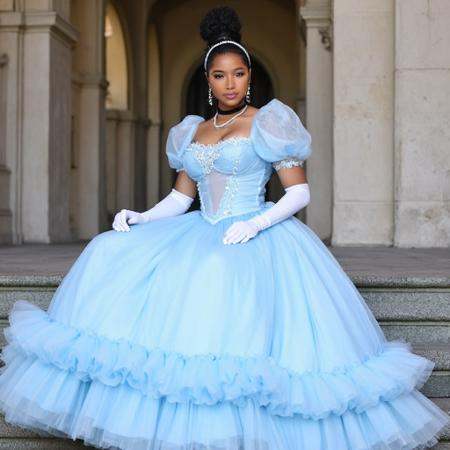 Toya is dressed in a formal light blue ball gown,  reminiscent of a fairy tale character,  sits gracefully on stone steps....