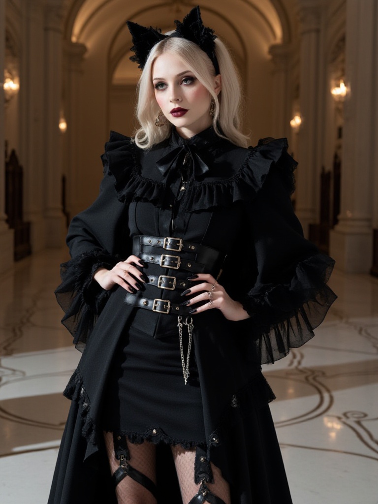 gothic style,  The image shows a young woman standing in a grand room with high ceilings and ornate decorations. She is we...
