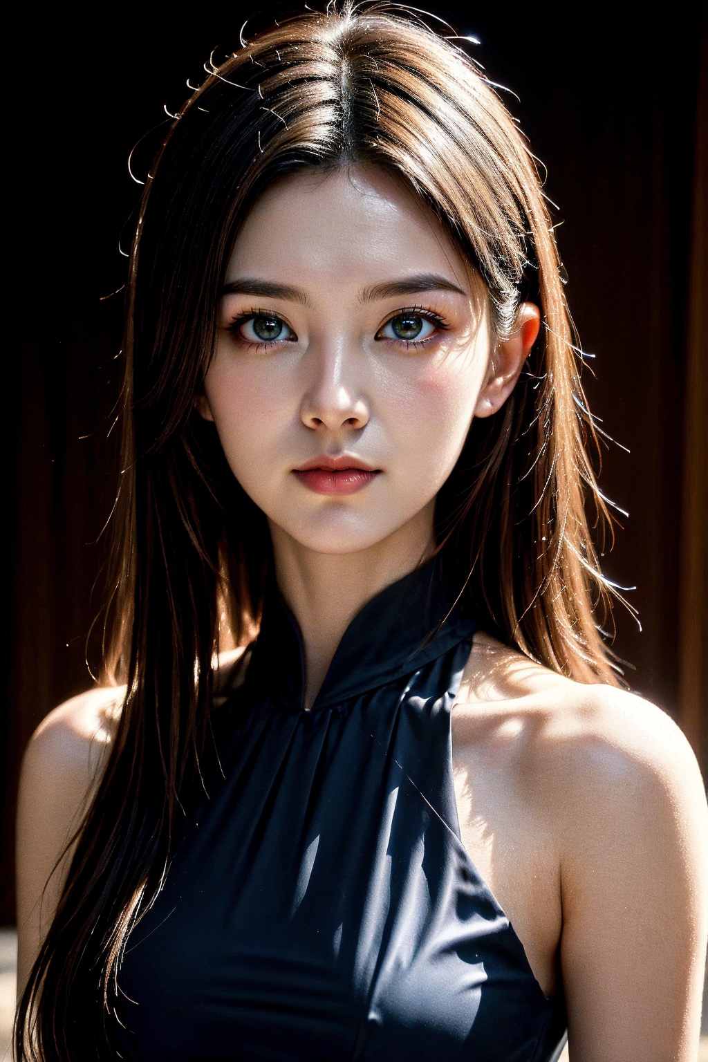 girl, brown eyes, black long hair, realistic skin, skin pores, beautiful, pretty, portrait, dramatic lighting, realistic, teenage, closed mouth, halter neck see-through pleated dress, 