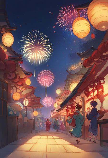 gb_style,  woman in a kimono walking at night in a japanese festival,  food stands on Tensor.Art