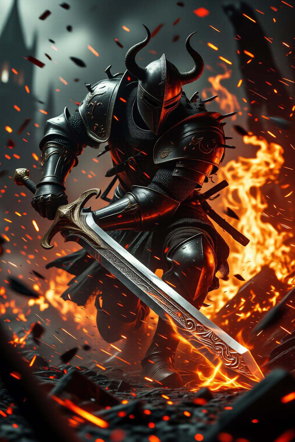 midjourneymix10q photograph A formidable knight clad in dark armor and horned helmet,  charges fearlessly through a catast...