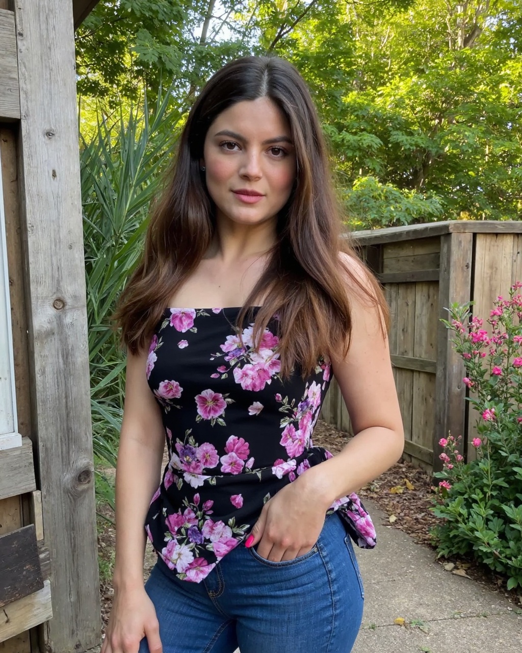 monica_barbaro standing outdoors beside a rustic wooden fence,  set against a lush,  green background of tall reeds and fo...