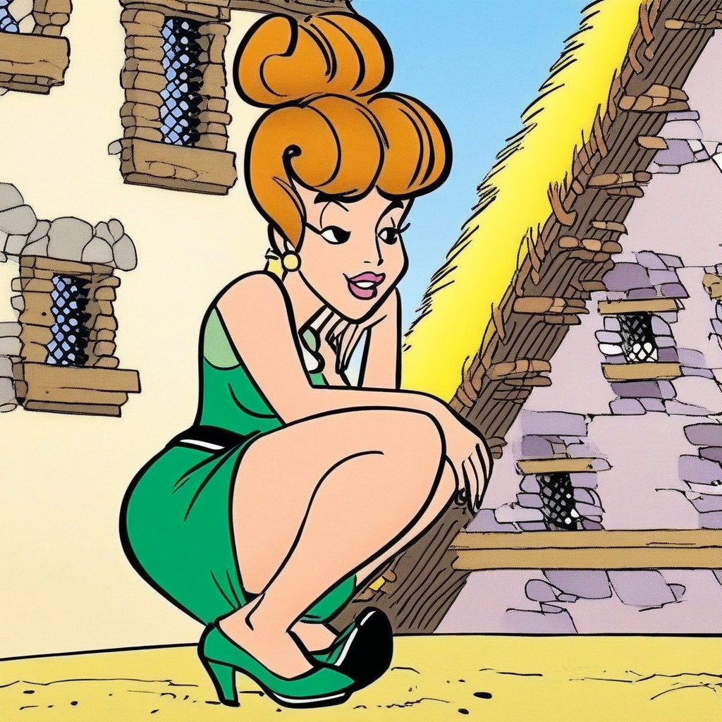 Mrs. Geriatrix squatting on the village plaza,  hair bun,  dress on Tensor.Art