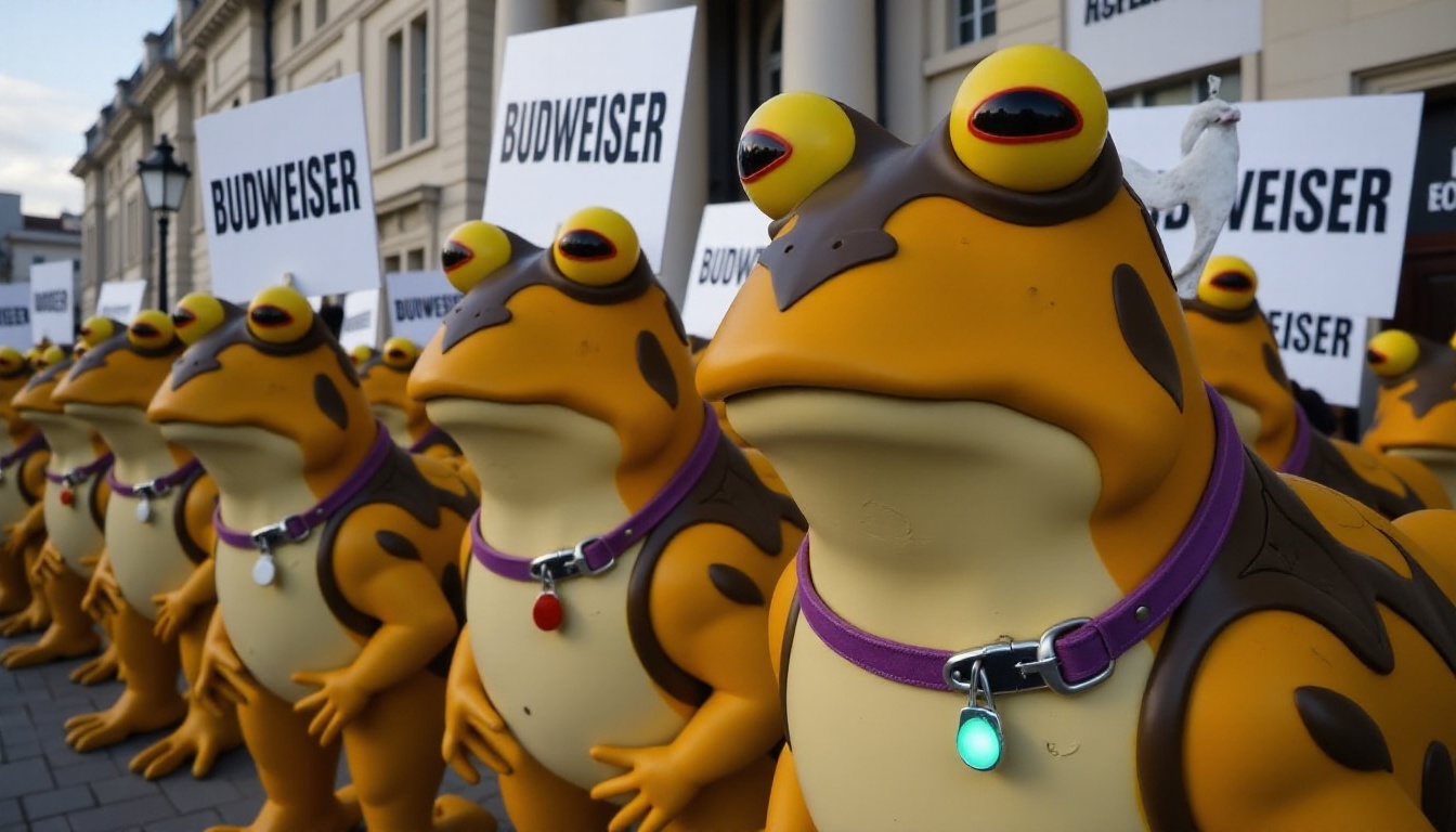PHOTO OF HUNDREDS OF HYPNOTOAD CLONES PROTESTING WITH SIGNS THAT SAY "BUDWEISER" on Tensor.Art