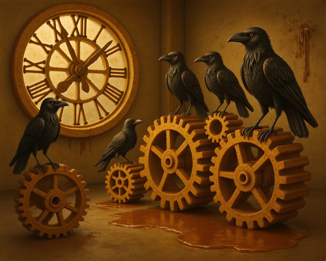 Fr3nchT04st inside a ruined clock tower filled with giant broken gears,  five black ravens perched on brass cogs,  dust mo...