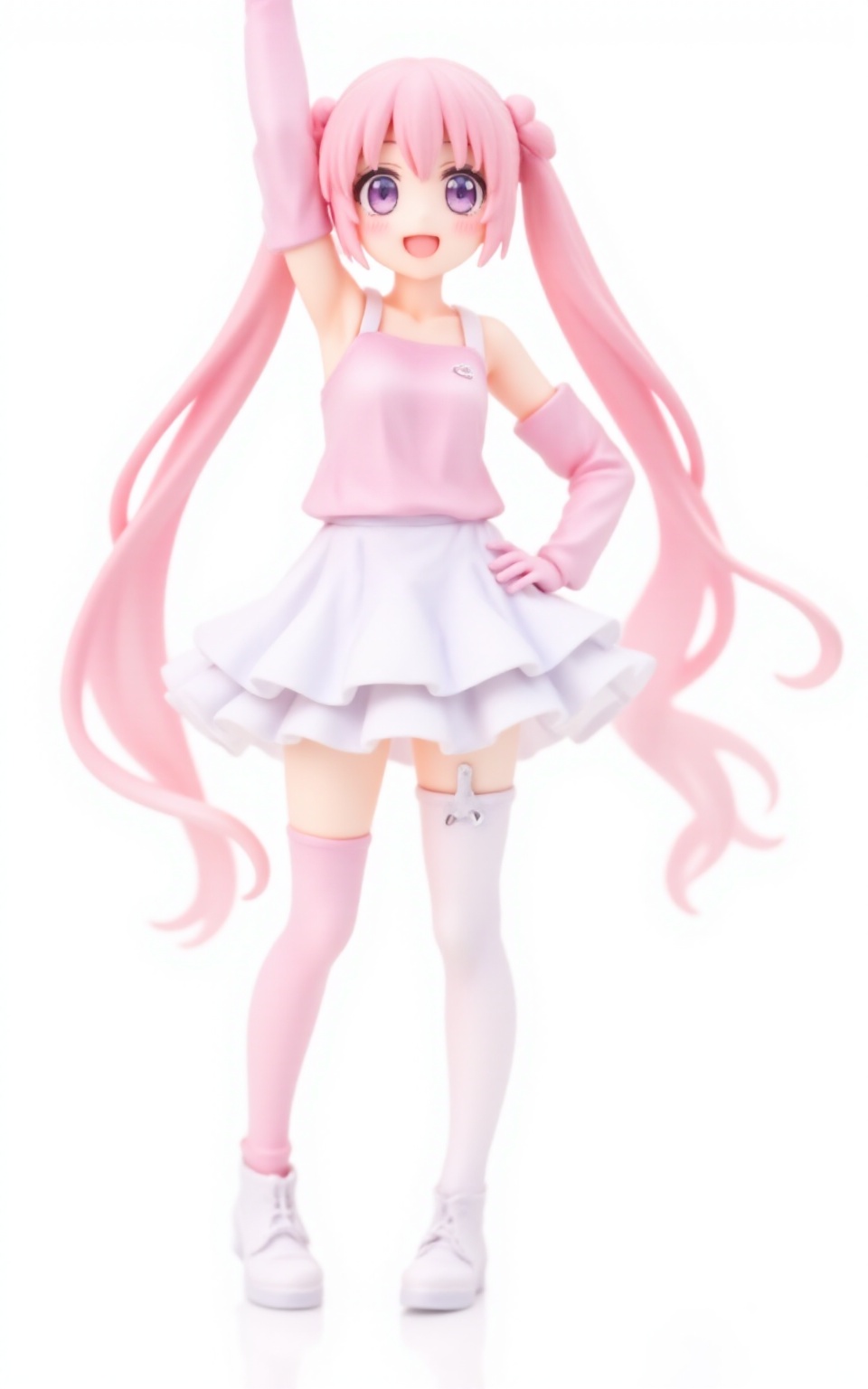 pvcstyle,1girl,very long hair, pink hair, thighhighs, blush, sidelocks, thigh strap, twintails, smile, arm up, skirt, full body, thigh boots, standing, pink dress, long hair, zettai ryouiki, solo, long sleeves, hand on own hip, dress, gloves, boots, white footwear, white background, layered skirt, detached sleeves, purple eyes, looking at viewer, :d, simple background, pink gloves, open mouth, white skirt,masterpiece, newest, absurdres, safe<lora:pvcstyle:1>​​​