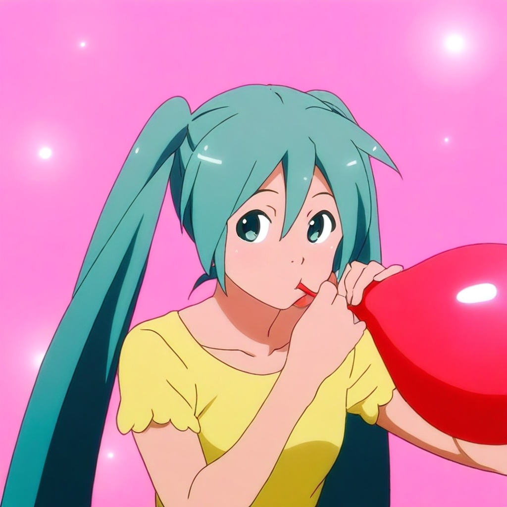 1girl,  hatsune miku,  blowing red balloon sideways. Anime screencap on Tensor.Art
