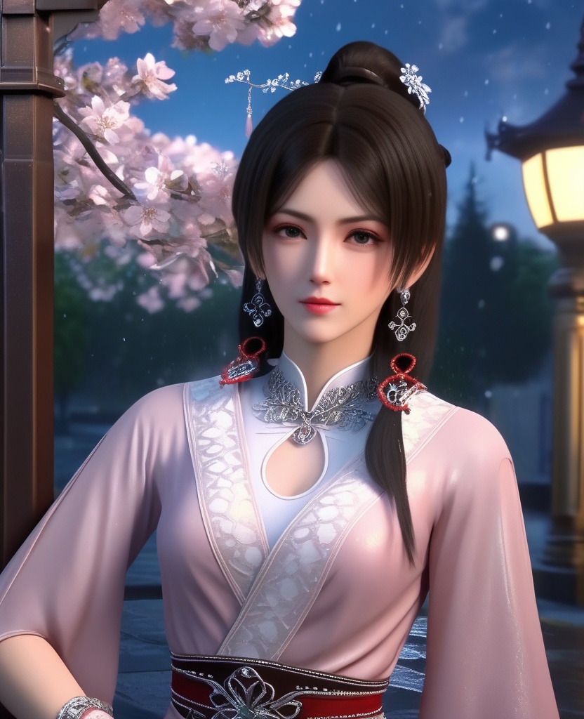 <lora:843-DA-XL-元龙-宋嫣:0.8>, (,1girl, ,best quality, ),, ,ultra detailed 8k cg,            cinematic lighting, cinematic bloom, (( , )),,  , unreal, science fiction,  luxury, jewelry, diamond, pearl, gem, sapphire, ruby, emerald, intricate detail, delicate pattern, charming, alluring, seductive, erotic, enchanting, hair ornament, necklace, earrings, bracelet, armlet,halo,masterpiece, (( , )),,  ,cherry blossoms,(((, night,night sky,lamppost,  ultra high res, (photorealistic:1.4), raw photo, 1girl, , rain, sweat, ,wet, )))(( , ))   (cleavage),,  (sit), ,