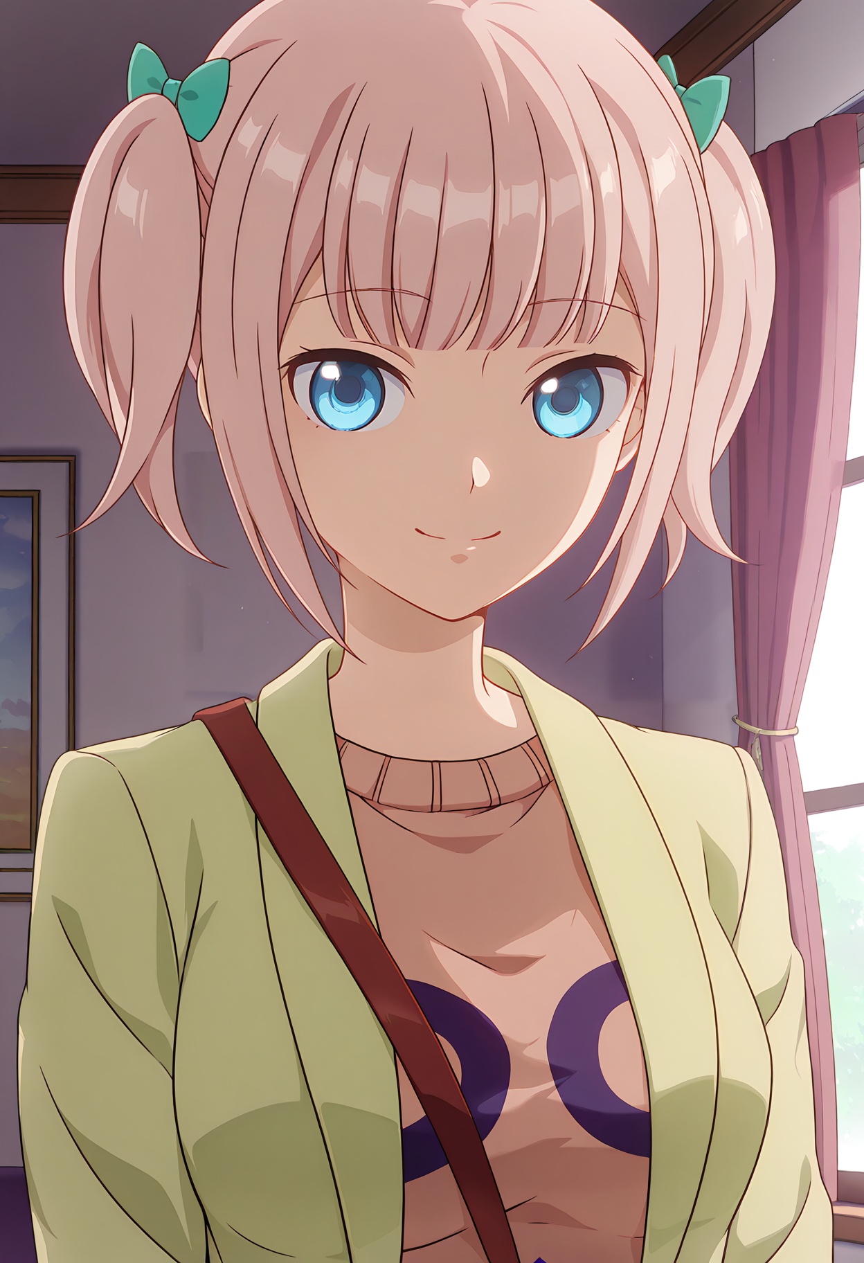 <lora:Moeha FUJIWARA_illustrious-000058:1>,1girl,solo,Moeha FUJIWARA,solo,smile,looking at viewer,window,upper body,bow,curtains,closed mouth,indoors,anime coloring,jacket,cardigan,