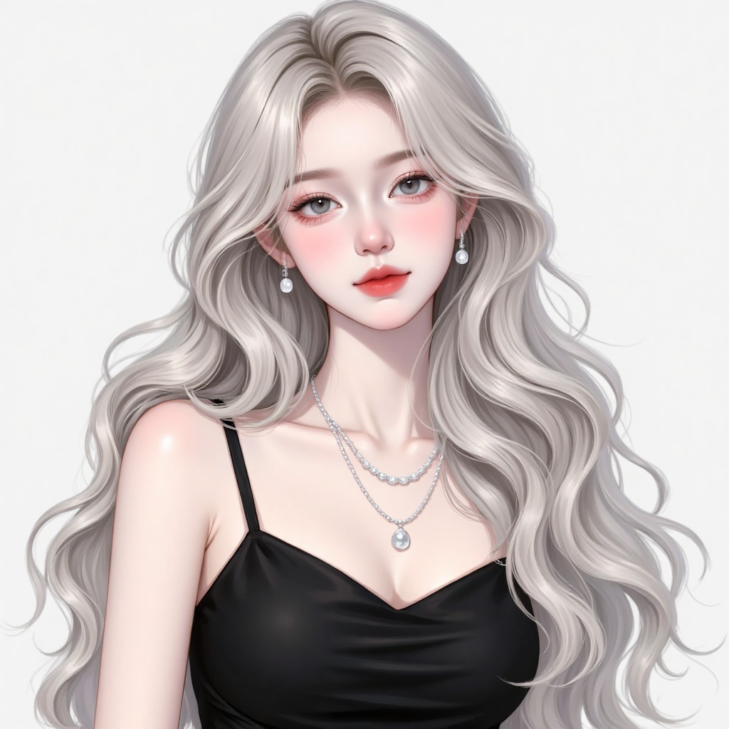 miaomiaolihui,  A stylized digital illustration depicting a young woman with long wavy grayish-white hair,  striking light...