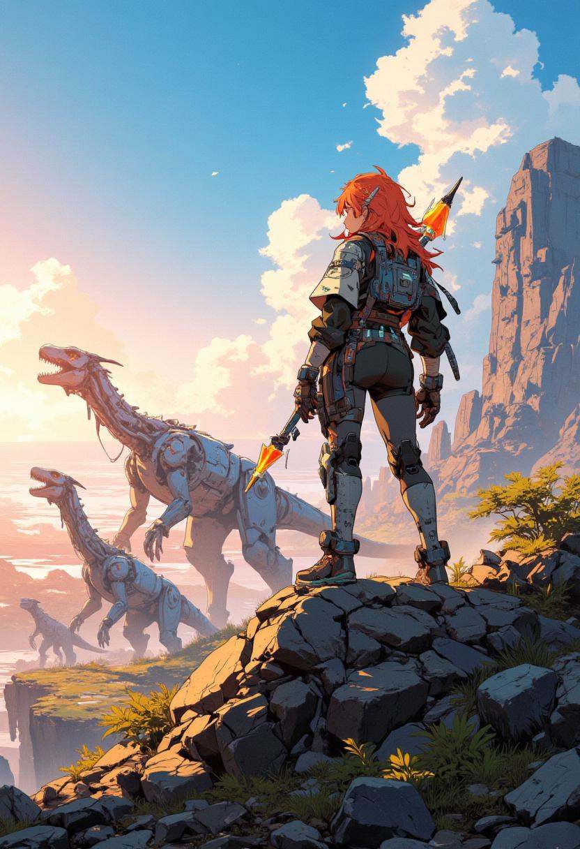 Anime,  Aloy gazes across a vast horizon from a vantage point atop a hill at dawn. Beneath her,  enormous robotic dinosaur...