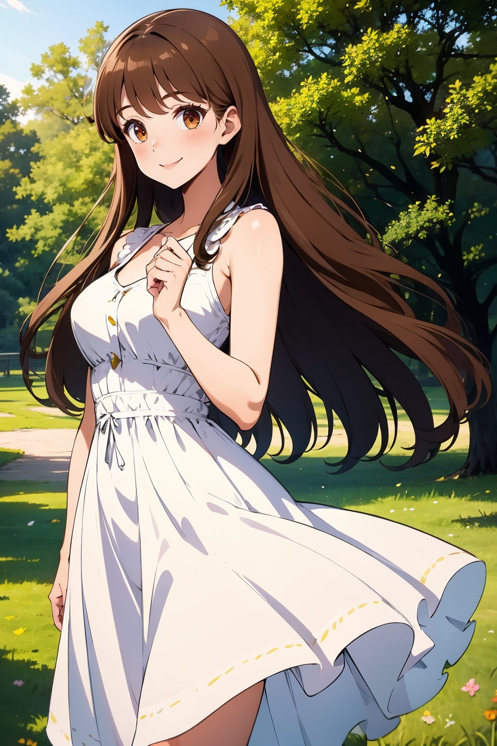 1girl, solo, outdoors, dress, long hair, smile, looking at viewer, white dress, blush, brown eyes, brown hair, breasts, tree