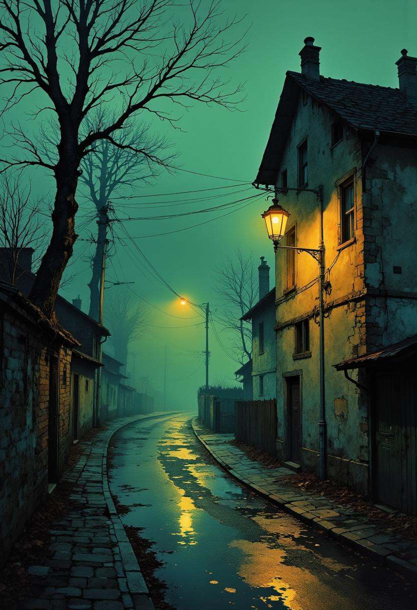 breathtaking impressionist painting This is a photograph capturing a misty,  atmospheric street scene at night. The image...